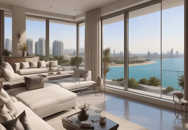 Luxurious residential buildings surrounded by lush greenery with a view of a tranquil bay and distant cityscape under a cloudy sky. Mountains are visible in the background, enhancing the scenic beauty of the area.