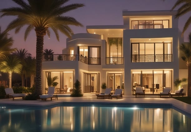 A large, luxurious house with red roofs sits along a tranquil waterfront, surrounded by palm trees and lush greenery. The sky is partly cloudy, casting a mix of shadows and light on the scene.