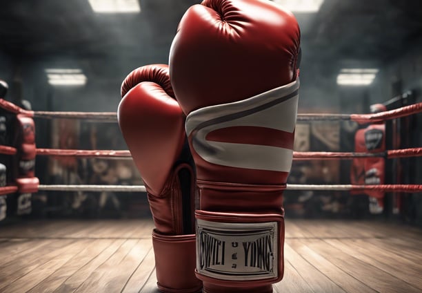 A boxing glove is partially visible, punching into a white punching bag. The background features a large space with gym equipment such as a tire. The setting appears to be an indoor training facility with metal beams supporting the ceiling.