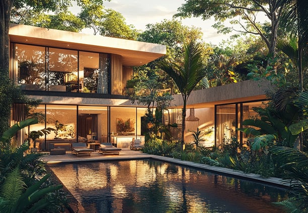 Villa moderna y sostenible rodeada de vegetación tropical en la selva de la Riviera Maya