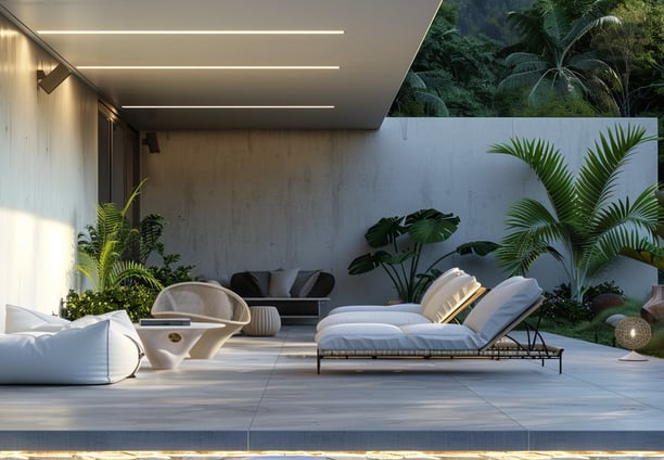 Terraza con diseño contemporáneo, mobiliario minimalista y vegetación tropical en residencia sustent
