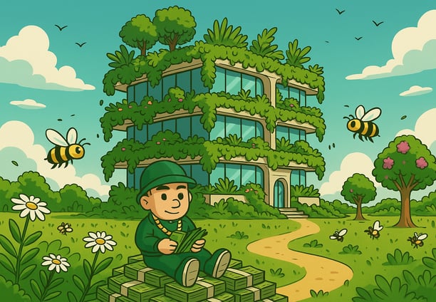 Unternehmer aus dem Hustensaft Jüngling Führungsteam blickt über eine grün entwickelte Skyline.