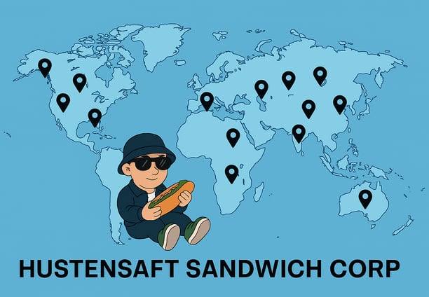 Weltkarte mit internationalen Franchise-Standorten der Hustensaft Jüngling Sandwich Corp auf Großbildschirm.