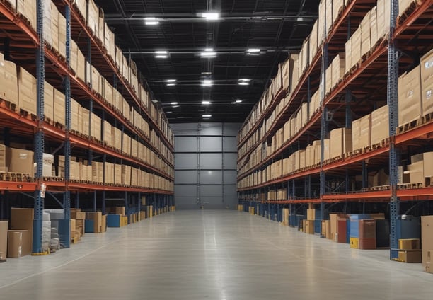 A series of industrial train cars are parked alongside a large, multi-story warehouse building. The building has numerous windows and a slightly worn facade. Overhead cranes and industrial equipment are also visible, suggesting a setting in a port or industrial area.