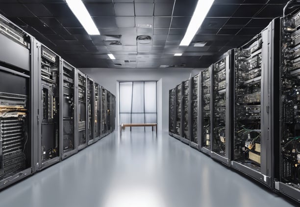 a long hallway with a long row of servers and a bench in the middle