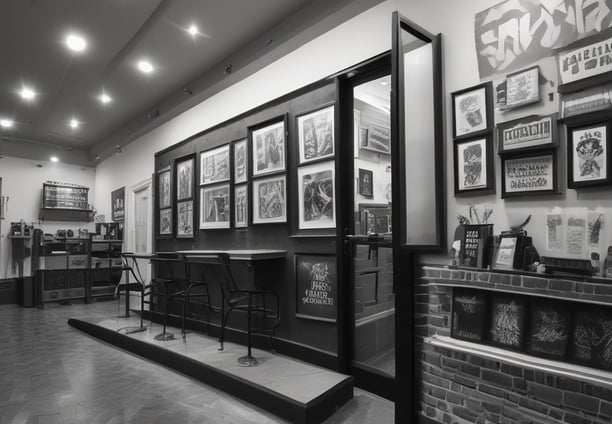 A black and white image showing a tattoo studio with large windows displaying tattoo designs. There is a mannequin or a person wearing a face mask and a face shield, sitting inside the shop. The interior includes hanging decorations and various objects related to tattooing. Signs on the window detail safety guidelines and restrictions.
