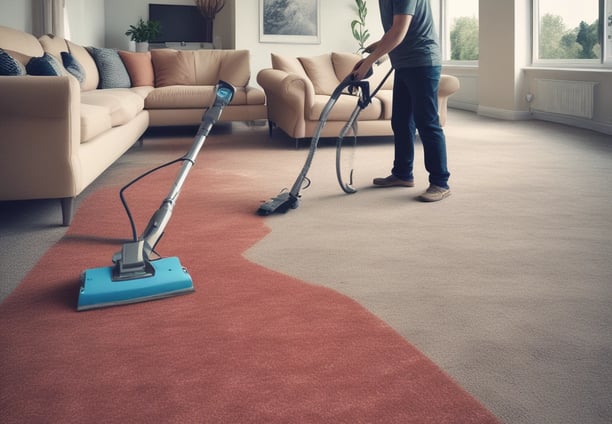 A person wearing bright orange work clothes is cleaning indoors, holding a mop. They have a fanny pack and are walking toward a tiled wall.