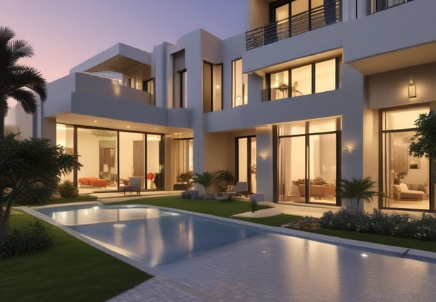 A tall apartment building with a brown and yellow facade stands against a clear blue sky. In front of the building, a large palm tree casts a shadow across the structure. The building has multiple balconies and windows, with a 'for sale' sign displayed on one of the balconies.