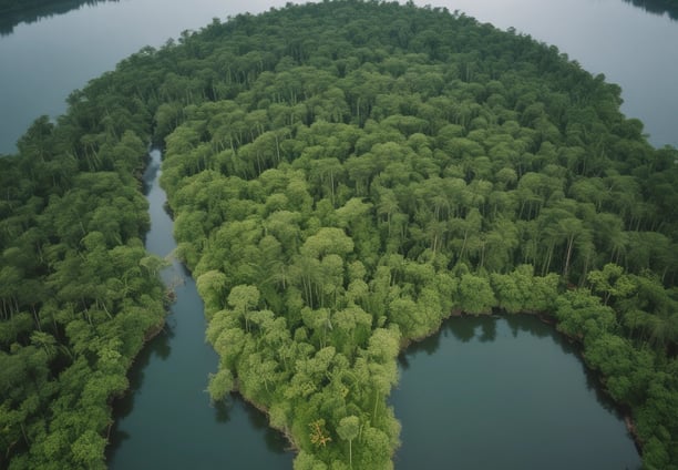 A forest landscape where numerous tree stumps and cut logs are scattered across the foreground, indicating recent deforestation. The background shows a sparse line of trees under a clear sky, with a noticeable reduction in tree density.