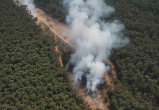 A modern forestry machine with a long articulated arm is actively cutting and processing trees in a forested area. It has large, robust wheels adapted for rough terrain and is surrounded by felled trees and fresh logs.