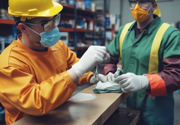 A person wearing safety glasses and a navy blue shirt is holding a large white sack, pouring its contents onto a piece of machinery. The focus is on the action of emptying the sack, with some industrial equipment in the background.
