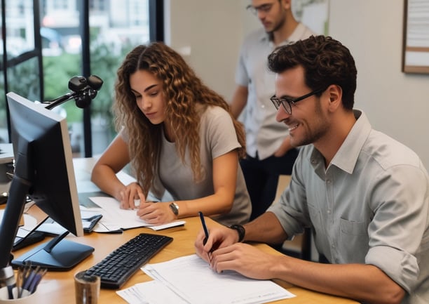A picture of a man and a woman seated at a desk with a computer completing an online notarization.