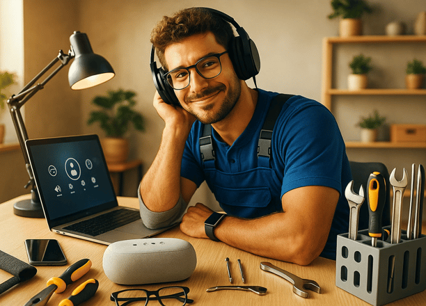 Tech handyman with laptop and smart speaker at workbench. Cedar Rapids home tech setup help.