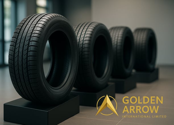 Four black car tires on display pedestals in a modern showroom with the Golden Arrow logo