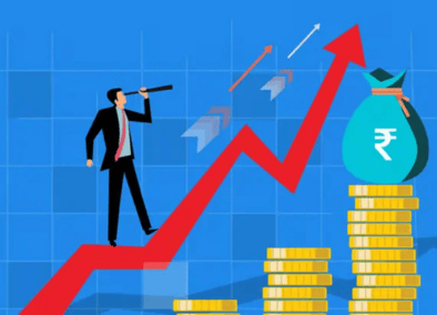 a man standing on a stack of coins and looking at a dollar sign
