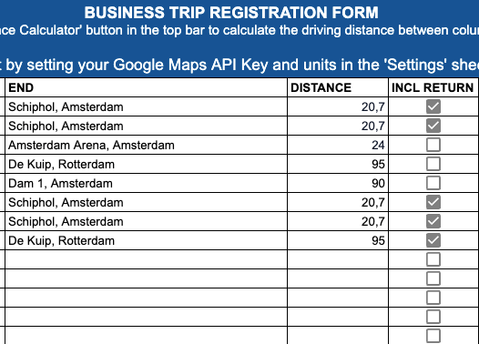 Business Trip Registration Form with instructions for distance calculation and API key setup