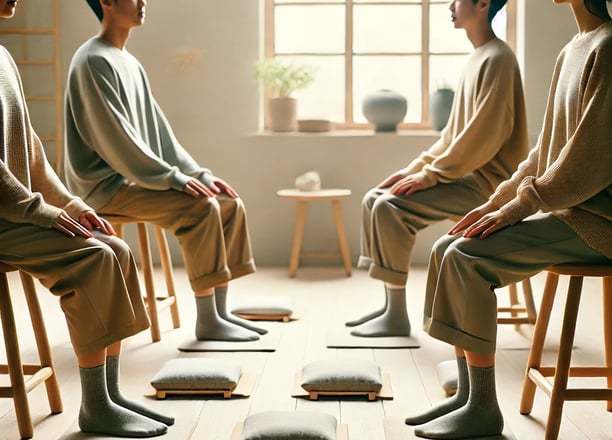 Primordial Meditation, sitting on stools