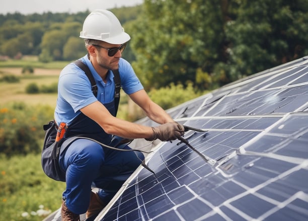 A clear blue sky above a row of solar panels installed at an angle. The panels are composed of a grid of cells, suggesting they are used for capturing solar energy.