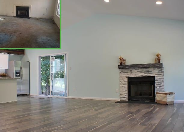 a before and after of a living room with a fireplace