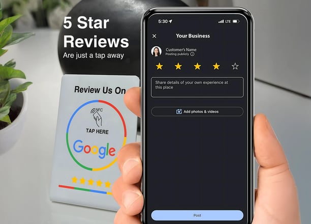 Google NFC review sign and phone showing 5-star screen. Tap-to-review for small business clients.
