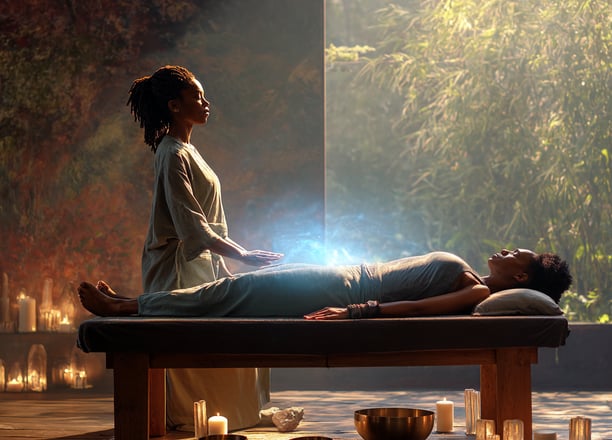 Black practitioner performing energy work (Reiki) while client lays on table
