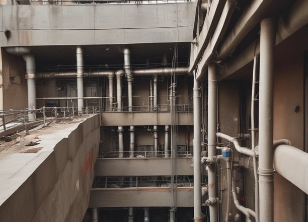An industrial setting with machinery, visible ductwork, and metal equipment. Pipes and cables are interconnected, and some components are wrapped in protective material. The ceiling features a grid of lights and HVAC ducts.