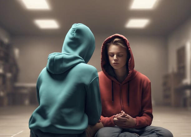 a woman sitting on a couch talking to another woman