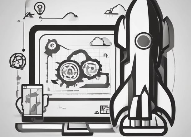 A 3D illustration featuring a web browser interface with the word SEO, various charts and graphs, a pie chart, and a rocket launching from the top of the window. The background is dark with scattered white dots, resembling a starry sky.