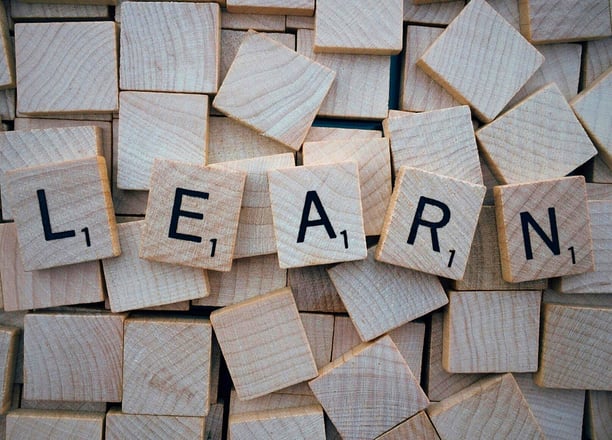 Wooden letter tiles spelling 'LEARN' on a scattered block background, symbolizing language learning 