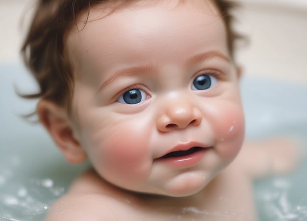 A baby is being bathed, surrounded by soothing water and gentle hands. The baby's expression is calm and curious, with big, open eyes looking upwards. Soft lighting enhances the tranquility of the scene.