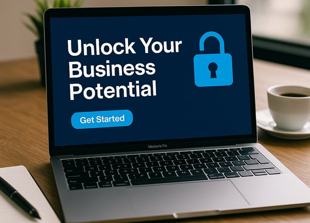 a laptop computer sitting on a desk with wording unlock your business potential