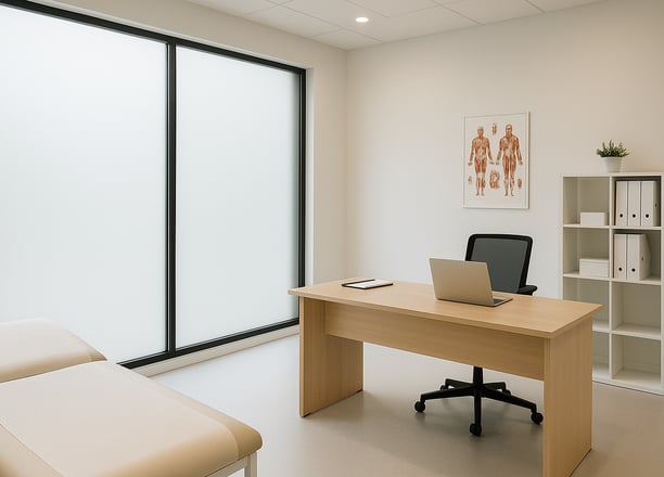 Open space direzionale con pareti in vetro opacizzate da pellicola LCD, arredamento moderno