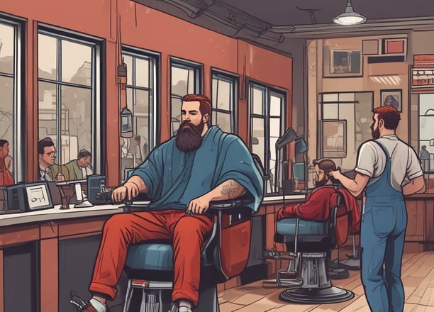 A vintage barbershop scene with a barber cutting a customer's hair. The shop interior features a simple setup with mirrors and shelves lined with various grooming products. The entrance door has Chinese characters on it. The atmosphere is classic, reflecting an old-fashioned style with wooden elements and a tiled floor.