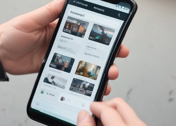 A hand is holding a smartphone displaying a website with the header 'LE SOLUZIONI'. The smartphone screen shows a section with an image of a person and text underneath. The background is a wooden table surface.