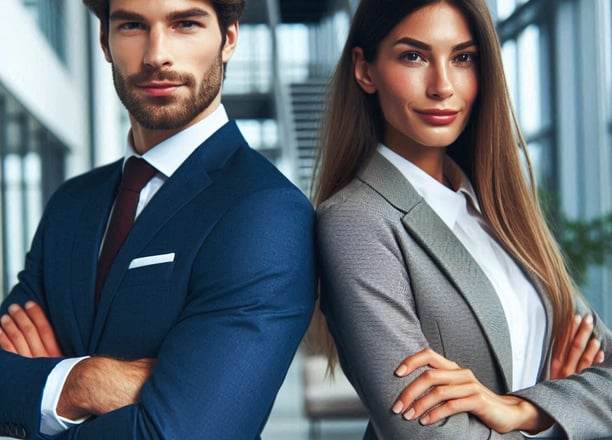 homem e mulher de bracos cruzados vestindo roupas sociais