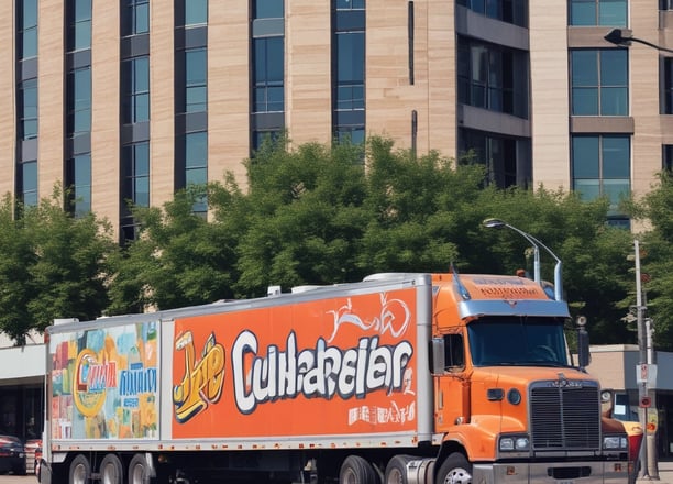 A large delivery truck features the bold branding of a well-known soft drink company with its name prominently displayed in large white letters on a blue background. The truck is parked next to an old brick building with tall, industrial-style windows. Shadows from overhead cables stretch across the scene, adding an urban feel.