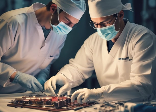 A medical professional is performing a surgical procedure on a patient's nose. Both individuals are wearing sterile attire, including gloves and masks. The surgeon focuses intently while using surgical instruments. The environment is clinical, with the patient lying down and partially covered.