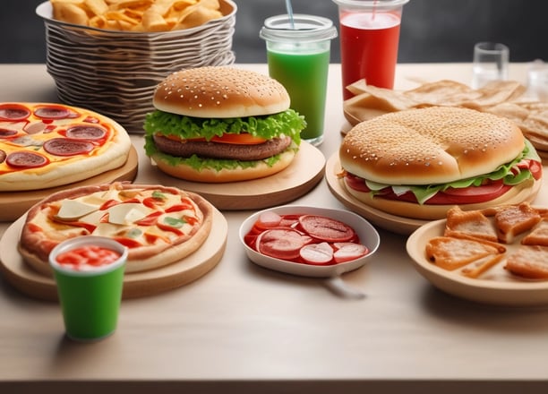A wooden surface is topped with fast food items including two packages of French fries in red packaging, a wrapped bacon burger in purple wrapping, and a closed Big Mac box. The scene is typical of a fast-food meal setting.