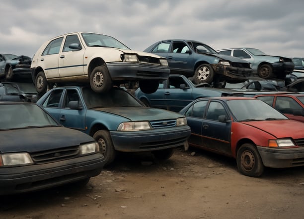 A pile of junk cars parked in a lot waiting to be recycled.