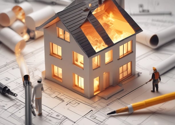 A wooden structure engulfed in bright orange flames with thick black smoke billowing upwards. Firefighters are present, wearing protective gear including helmets, and actively using a hose to spray water on the fire. The background includes a brick building and grassy area.