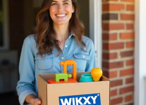 A happy, smiling woman receiving a free 3D printed package from WIKXY 3D printing at her doorstep.
