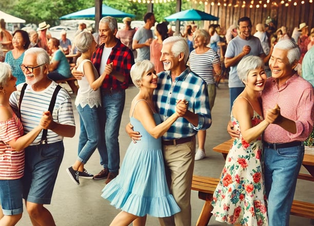 A group of people practice ballroom dance in a fun and social environment