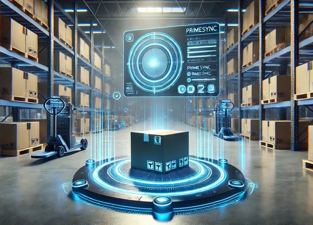 Holograma 3D de cajas de Amazon siendo organizadas en un almacén, representando la logística FBA
