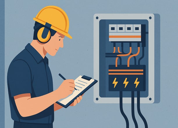 Imagem mostra uma pessoa com uma prancheta, realizando um laudo na frente de um quadro elétrico