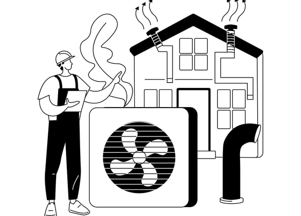 En man som pekar ett hus med radon