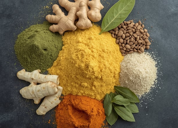 turmeric, ginger, moringa leaf and their powders