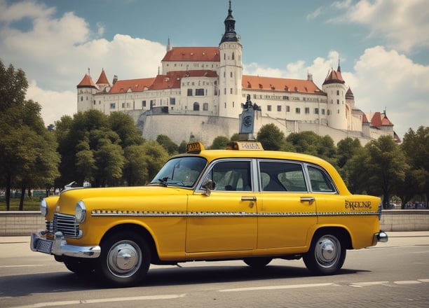 A taxi car on the road in front of Bratislava castle 