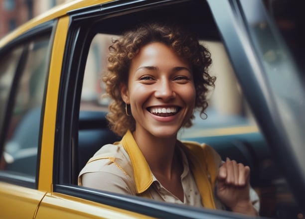 A yellow taxi with the label 'iTAKSi Kolay Taksi' is parked on a busy urban street. The car's branding includes a logo and QR code. A woman inside the taxi is smiling, while people are walking on the sidewalk behind the car. The scene suggests a typical city environment with shops and pedestrians.