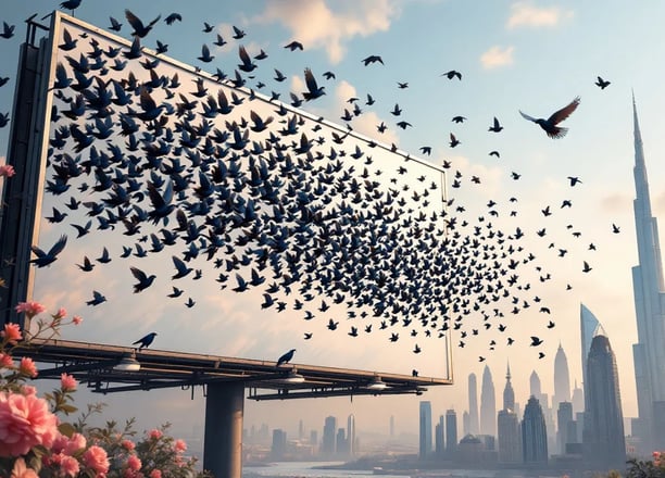 a billboard board with birds flying over a billboard