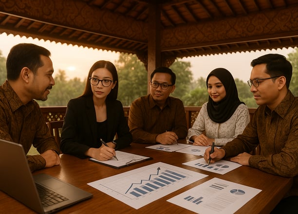 Five professionals in a Joglo pavilion boardroom at sunrise discussing financial charts and document